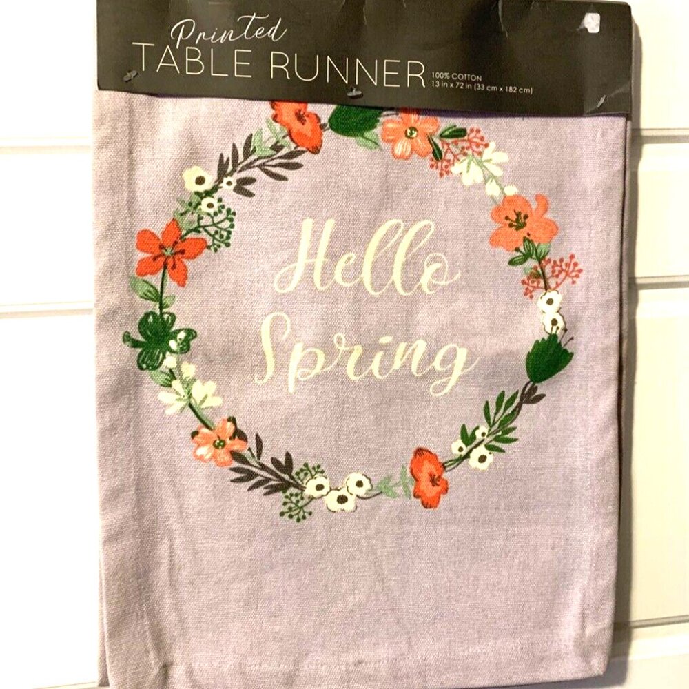 Hello Spring Table Runner Coral Flower Wreath on Lavendar Easter 13" x 72"